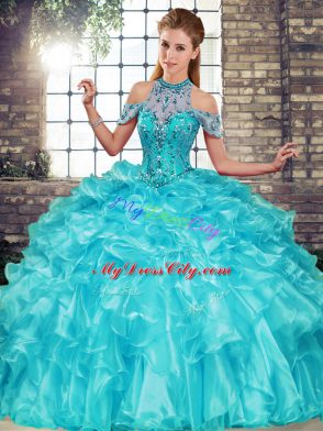 Romantic Aqua Blue Ball Gowns Organza Halter Top Sleeveless Beading and Ruffles Floor Length Lace Up 15 Quinceanera Dress