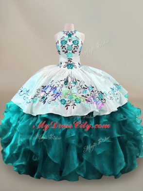 Ball Gowns Quinceanera Dresses Teal Halter Top Organza Sleeveless Floor Length Lace Up