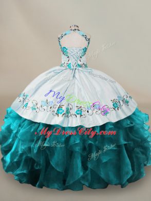 Ball Gowns Quinceanera Dresses Teal Halter Top Organza Sleeveless Floor Length Lace Up