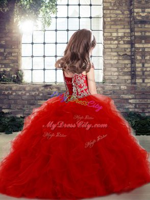 Elegant Orange Ball Gowns Tulle Off The Shoulder Sleeveless Beading Floor Length Lace Up Girls Pageant Dresses