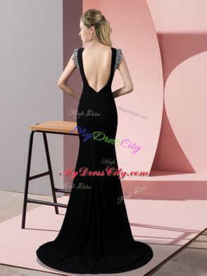 Enchanting Short Sleeves Brush Train Backless Beading Formal Evening Gowns