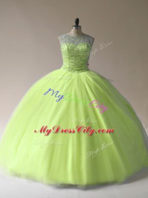 Yellow Green Tulle Lace Up Scoop Sleeveless Floor Length 15 Quinceanera Dress Beading