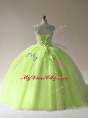 Yellow Green Tulle Lace Up Scoop Sleeveless Floor Length 15 Quinceanera Dress Beading