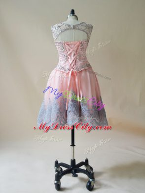 Fitting Sleeveless Tulle Mini Length Lace Up Prom Party Dress in Baby Pink with Beading and Appliques