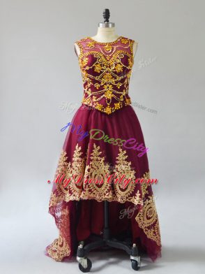 Shining Tulle Scoop Sleeveless Lace Up Beading and Appliques Prom Dresses in Burgundy