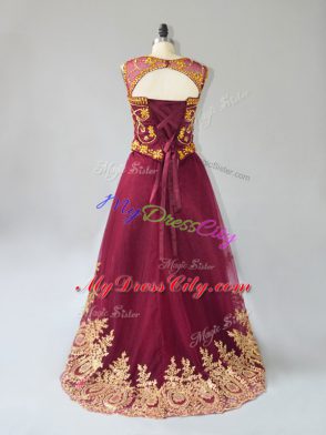 Shining Tulle Scoop Sleeveless Lace Up Beading and Appliques Prom Dresses in Burgundy