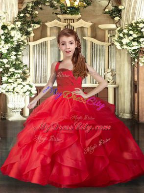 Customized Red Ball Gowns Straps Sleeveless Tulle Floor Length Lace Up Ruffles and Ruching Little Girls Pageant Gowns