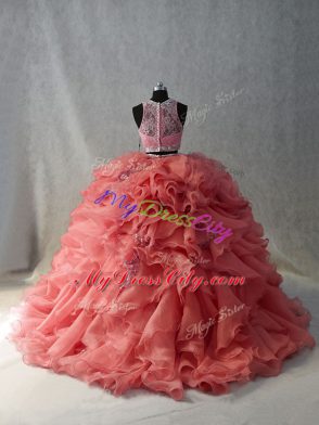 Watermelon Red Two Pieces Beading Quince Ball Gowns Zipper Organza Sleeveless Floor Length