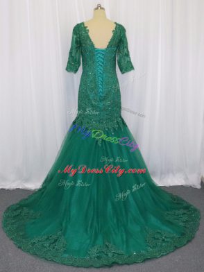 Green V-neck Neckline Lace and Appliques Dress for Prom Half Sleeves Lace Up