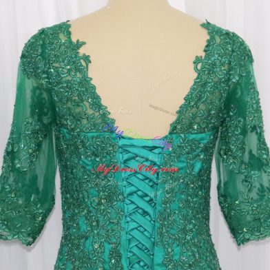 Green V-neck Neckline Lace and Appliques Dress for Prom Half Sleeves Lace Up