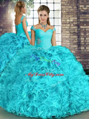 High End Beading and Ruffles Quinceanera Dresses Aqua Blue Lace Up Sleeveless Floor Length