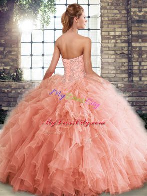 Designer Watermelon Red Tulle Lace Up Sweetheart Sleeveless Floor Length Quinceanera Gowns Beading and Ruffles