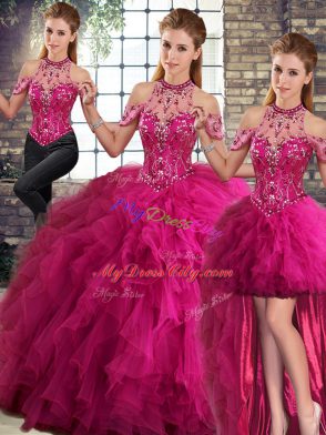 Sleeveless Floor Length Beading and Ruffles Lace Up Quinceanera Dress with Fuchsia