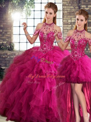 Sleeveless Floor Length Beading and Ruffles Lace Up Quinceanera Dress with Fuchsia