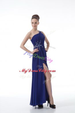 Royal Blue Chiffon Backless Cocktail Dresses Sleeveless Floor Length Beading and Ruching