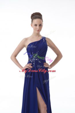 Royal Blue Chiffon Backless Cocktail Dresses Sleeveless Floor Length Beading and Ruching