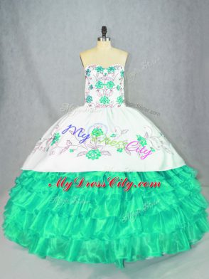 Turquoise Quinceanera Gowns Sweet 16 and Quinceanera with Embroidery and Ruffled Layers Sweetheart Sleeveless Lace Up