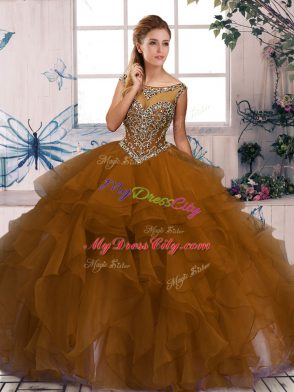 Brown Ball Gowns Beading and Ruffles Vestidos de Quinceanera Zipper Organza Sleeveless Floor Length