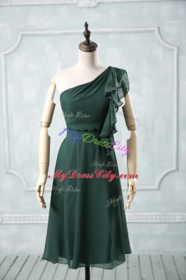 Peacock Green Chiffon Zipper One Shoulder Sleeveless Knee Length Evening Dress Ruching