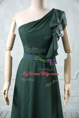 Peacock Green Chiffon Zipper One Shoulder Sleeveless Knee Length Evening Dress Ruching