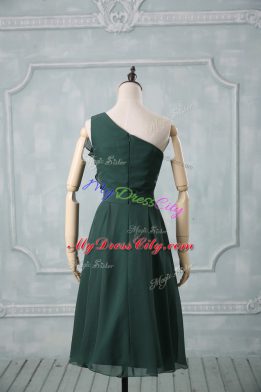 Peacock Green Chiffon Zipper One Shoulder Sleeveless Knee Length Evening Dress Ruching