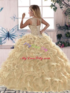 Sleeveless Floor Length Beading and Ruffles Lace Up Sweet 16 Dresses with Purple