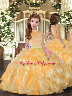 Gold Ball Gowns Halter Top Sleeveless Organza Floor Length Backless Beading and Ruffles Quinceanera Dress