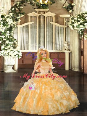 Gold Ball Gowns Halter Top Sleeveless Organza Floor Length Backless Beading and Ruffles Quinceanera Dress