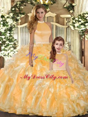 Gold Ball Gowns Halter Top Sleeveless Organza Floor Length Backless Beading and Ruffles Quinceanera Dress