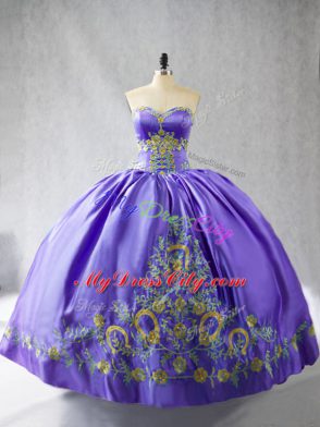 Floor Length Lace Up Ball Gown Prom Dress Purple for Sweet 16 and Quinceanera with Embroidery