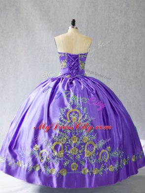 Floor Length Lace Up Ball Gown Prom Dress Purple for Sweet 16 and Quinceanera with Embroidery