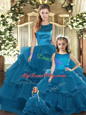 Stylish Teal Scoop Neckline Ruffles Quinceanera Dress Sleeveless Lace Up