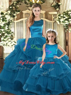 Stylish Teal Scoop Neckline Ruffles Quinceanera Dress Sleeveless Lace Up