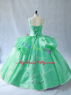 Straps Sleeveless Quince Ball Gowns Floor Length Appliques Green Organza