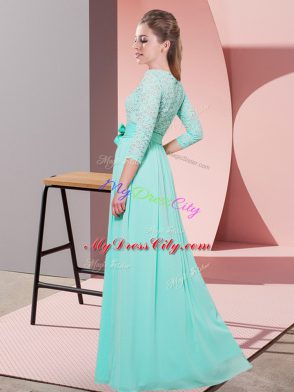 Floor Length Apple Green Bridesmaid Gown Chiffon 3 4 Length Sleeve Lace and Belt