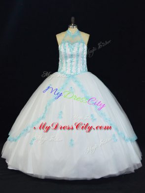 Elegant Ball Gowns Sweet 16 Quinceanera Dress Blue And White Halter Top Tulle Sleeveless Floor Length Lace Up