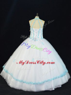 Elegant Ball Gowns Sweet 16 Quinceanera Dress Blue And White Halter Top Tulle Sleeveless Floor Length Lace Up