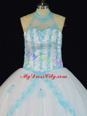 Elegant Ball Gowns Sweet 16 Quinceanera Dress Blue And White Halter Top Tulle Sleeveless Floor Length Lace Up