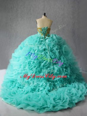 Lace Up 15th Birthday Dress Aqua Blue for Sweet 16 and Quinceanera with Beading and Ruffles Court Train