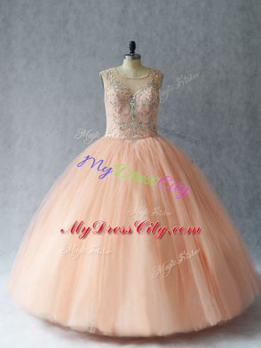 Peach Sleeveless Beading Floor Length Sweet 16 Dresses