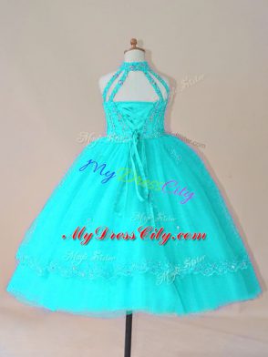 Superior Sleeveless Floor Length Beading and Appliques Lace Up Glitz Pageant Dress with Aqua Blue