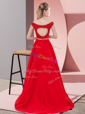 Off The Shoulder Sleeveless Evening Party Dresses Sweep Train Beading Royal Blue Elastic Woven Satin