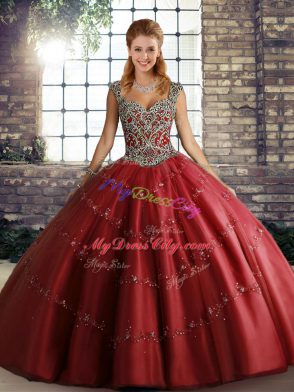 Wine Red Tulle Lace Up 15 Quinceanera Dress Sleeveless Floor Length Beading and Appliques