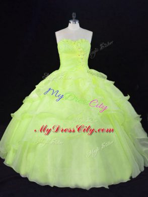 Traditional Yellow Green Sleeveless Organza Lace Up Quinceanera Dress for Sweet 16 and Quinceanera