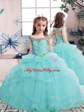 Floor Length Aqua Blue Quinceanera Gowns Tulle Sleeveless Beading and Ruffles