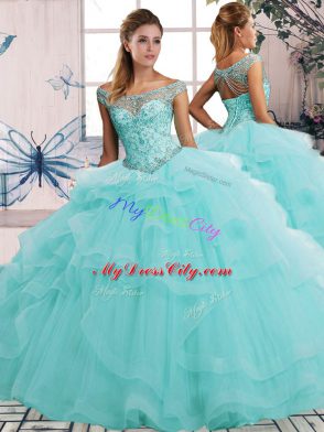 Floor Length Aqua Blue Quinceanera Gowns Tulle Sleeveless Beading and Ruffles