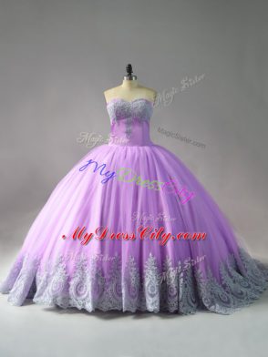 Lilac Tulle Lace Up Sweet 16 Dresses Sleeveless Court Train Appliques