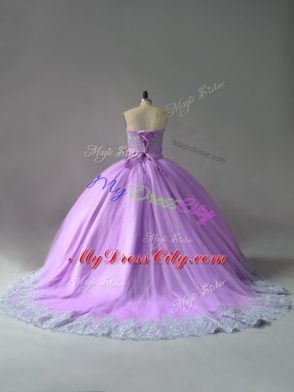 Lilac Tulle Lace Up Sweet 16 Dresses Sleeveless Court Train Appliques