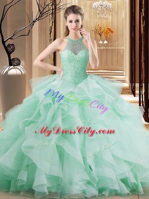 Sleeveless Beading and Ruffles Lace Up Quinceanera Dresses with Apple Green Brush Train