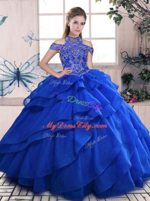 Nice Floor Length Lace Up Ball Gown Prom Dress Royal Blue for Sweet 16 and Quinceanera with Beading and Ruffled Layers